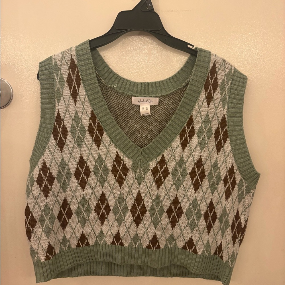 Babaton Sage Green Argyle Sweater Vest with Brown and Cream Diamonds